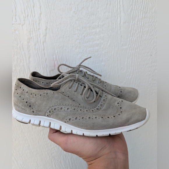 Cole Haan Zerogrand Wingtip Oxford Laser Cutout Suede Shoes Ironstone Grey 7B - Picture 1 of 8